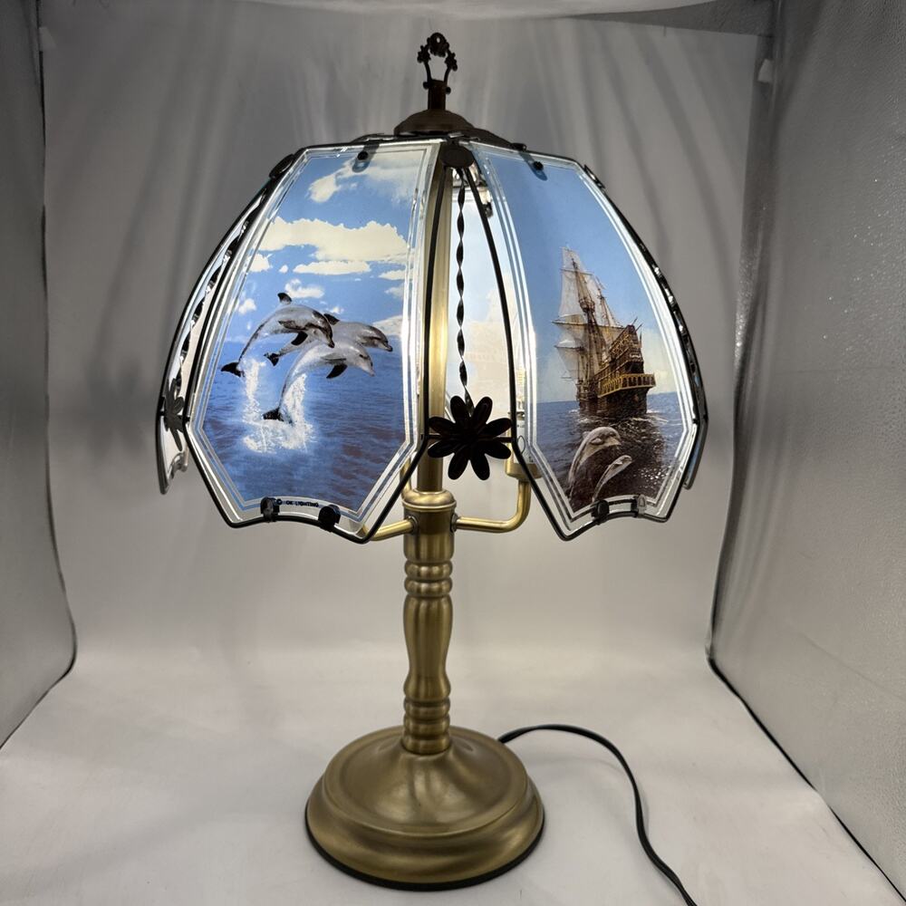 Vintage Y2K OK Lighting Touch Lamp, Marine Dolphins Shade, Gold Metal base